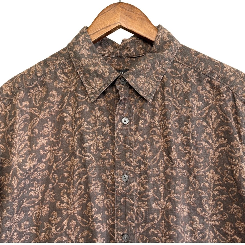 Mens Button Down Shirt M Brown Paisley 100% Linen Short Sleeve Casual Breathable